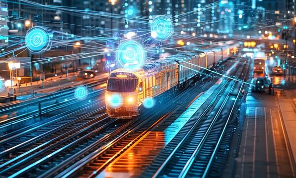 A train is going down the tracks in a city