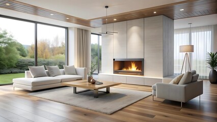 Fototapeta premium Minimalist Modern Living Room with a Sculptural Fireplace AI generated