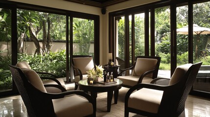 Fototapeta premium A serene spa lounge with large, comfortable chairs positioned around a low table decorated with fresh frangipani flowers. 