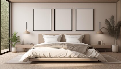 Perspective of modern bedroom with white bed and blank picture frames on wall, Interior design with minimal style. 3D rendering.