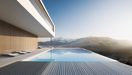 Fototapeta premium Perspective of modern building with terrace and swimming pool on mountain view background,Idea of family vacation. 3D rendering.