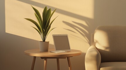 Fototapeta premium Cozy Corner Setup: Tablet, Plant, and Notebook with Beige Background and Soft Lighting