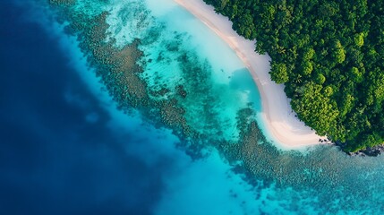 Aerial View of Tropical Island Surrounded by Crystal-Clear Blue Water and Coral Reefs