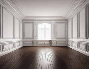 Fototapeta premium Perspective of white empty room and dark laminate floor,classic interior style.blank space architecture.3d rendering