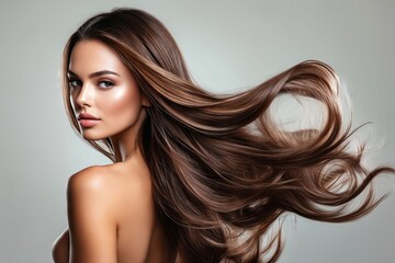 Fototapeta premium A woman with long brown hair is posing for a picture