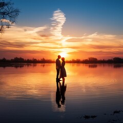 Romantic scene of a couple at sunset. Intense colors of a sunset with reflections in the water