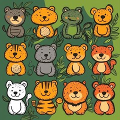 Fototapeta premium Cute Cartoon Animal Friends with Green Leaves