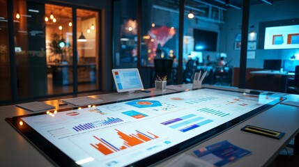 A marketing agencya??s dynamic workspace with a smart surface table where team members can interact with digital campaigns and analytics in real-time.