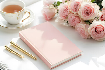 Elegant pink book mockup with roses and workspace accessories on a white table in natural light