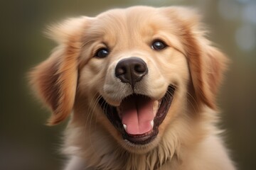 Portrait of a golden retriever dog in the autumn park background with copy space.