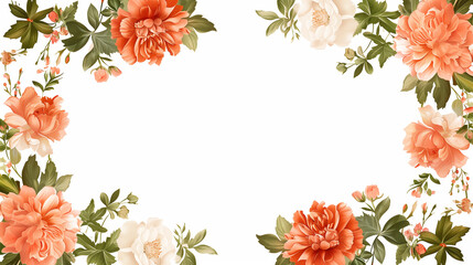vintage floral frame with roses featuring vibrant orange and white flowers with lush green leaves, arranged around a white background, ideal for romantic and classic design projects