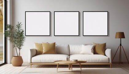 Fototapeta premium Square poster mockup with Three frames on empty white wall in living room interior, Modern vintage interior of living room, 3D Rendering