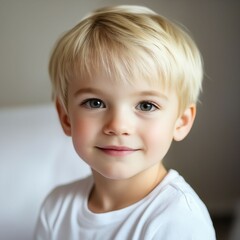 A little boy with blonde hair and blue eyes smiles at the camera