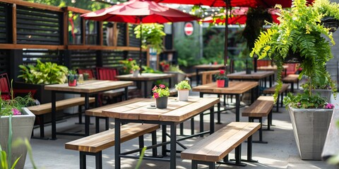 A patio with a red umbrella and several tables and benches. The tables are covered with potted plants and flowers
