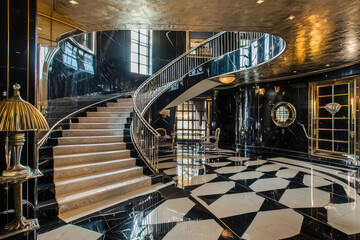 Glamorous Art Deco mansion with marble staircase, gold accents, and geometric patterns; a lavish blend of luxury and historical design in every detail.