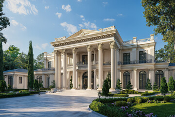 Fototapeta premium A grand neoclassical mansion with towering columns and lush gardens under a clear blue sky, exuding timeless elegance and architectural splendor.