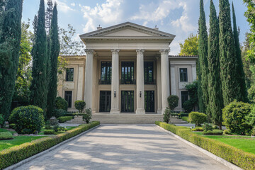 Majestic neoclassical mansion with grand towering columns surrounded by lush greenery and manicured gardens on a bright sunny day.