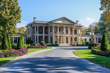 Fototapeta premium Majestic Neoclassical Mansion Nestled in Lush Gardens on a Sunlit Afternoon, Encapsulating Grandeur and Timeless Elegance