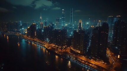 Obraz premium Aerial Shot of Sprawling Urban Landscape at Night with Illuminated Skyscrapers