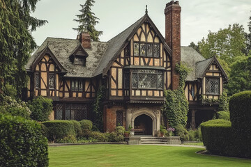 Fototapeta premium Elegant half-timbered Tudor mansion with lush garden and imposing brick chimney, showcasing historic architecture and timeless beauty.