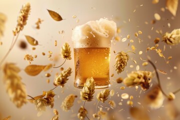 a beer glass with foam overflowing, surrounded by hops, barley, wheat, and autumn leaves, depicting brewing elements. AI