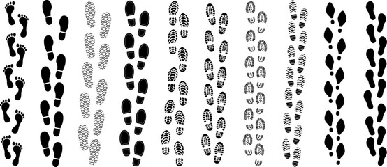 Footprints human silhouette collection, vector set, isolated clip art collection. Shoe soles print. Foot print tread, boots, sneakers. Impression icon barefoot