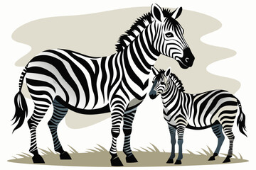 Fototapeta premium A Mother Zebra and Her Foal Standing in Grass