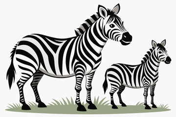 Fototapeta premium Adult and baby zebra standing on green grass