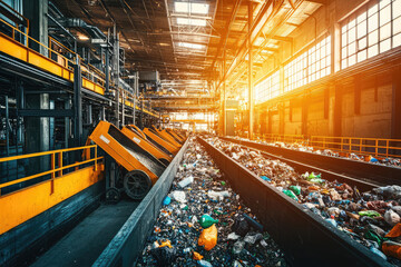 A modern waste processing plant with automated technology for sorting and recycling plastic, showcasing industrial efficiency and sustainability.