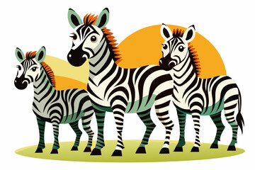 Obraz premium Three Cartoon Zebras Standing Against a Sunset Background