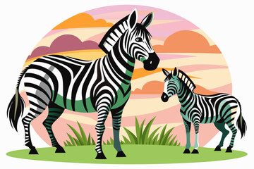 Fototapeta premium Adult Zebra and Foal Standing in Grass with Sunset Background