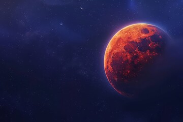 Bloody moon.Blood moon.Full red moon.A close-up of the Blood Moon against a starry night sky, with intricate details of its surface visible, ample copy space on the left