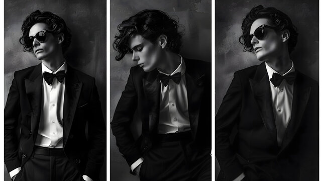 Triptico con retratos en blanco y negro de hombre elegante 