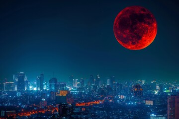 Blood moon.Bloody moon.Full red moon.An awe-inspiring photo of the Blood Moon above a city skyline at night, with bright city lights below and a deep red moon above
