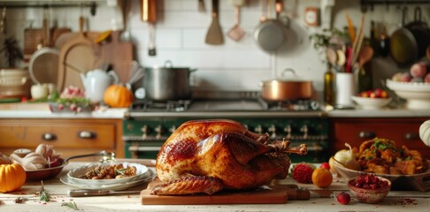 A Delicious Roasted Turkey Ready for Thanksgiving Dinner in a Rustic Kitchen.