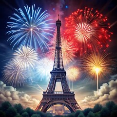 Representation of the Eiffel Tower, symbol of Paris, isolated on dark background with fireworks. 3D rendered illustration
