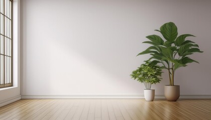 Fototapeta premium View of white empty room and wood laminate floor,frame with green plant , 3D rendering