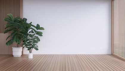 Fototapeta premium View of white empty room and wood laminate floor,frame with green plant , 3D rendering