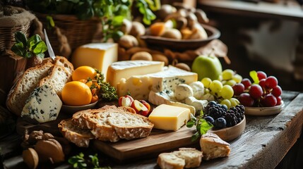 Rustic Breakfast Spread: Bread, Cheese, and Fruits on Wooden Background with Natural Light