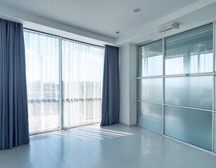 Fototapeta premium White room with glass windows and curtain in hospital