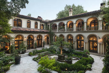 Obraz premium Enchanting Italianate mansion with lush garden courtyard, arched windows, and warm interior lighting. An epitome of elegance and serene luxury living.