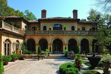 A grand Italianate mansion stands majestically with arched windows, lush greenery, and a tranquil ambiance, inviting admiration and awe.