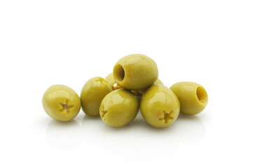 Natural green pitted olives isolated on white background close-up	