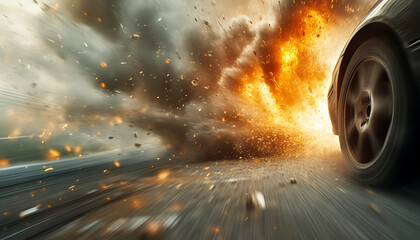 High-speed blown explosion captured in motion, pieces of object flying, the car swerving on a freeway, the dramatic scene with motion blur, highlighting danger and urgency