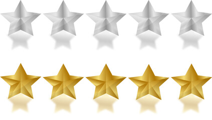 Rating Golded Stars. Website product review 3d stars. golden and silver rating star in gradient color. With shadows makes the stars pop out from background and gray stars.