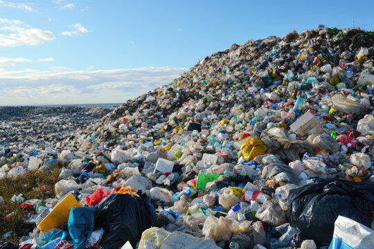 A sprawling landfill overflowing with garbage, highlighting the critical need for sustainable waste management and environmental conservation efforts.