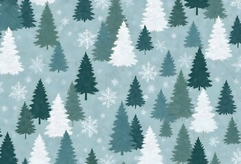 Obraz premium Seamless winter pine trees pattern with snowflakes on dark background, Christmas concept, winter background