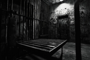 Haunting echoes of isolated confinement: a shadowy prison cell where time stands still, reflecting the grim reality of captivity and lost freedom.