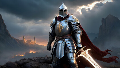 Naklejka premium A knight in ornate armor stands confidently with a sword. The scene captures a medieval battle atmosphere with dark clouds and a sense of impending conflict.