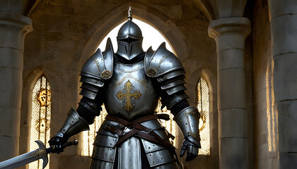 A knight in ornate armor stands confidently with a sword. The scene captures a medieval battle atmosphere with dark clouds and a sense of impending conflict.